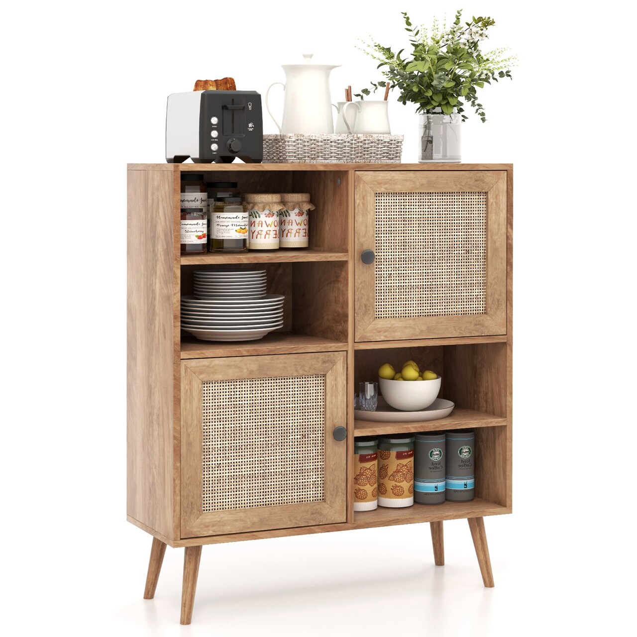 Costway Rattan Buffet Sideboard Accent Storage Cabinet Coffee Bar Cabinet Doors Cubbies